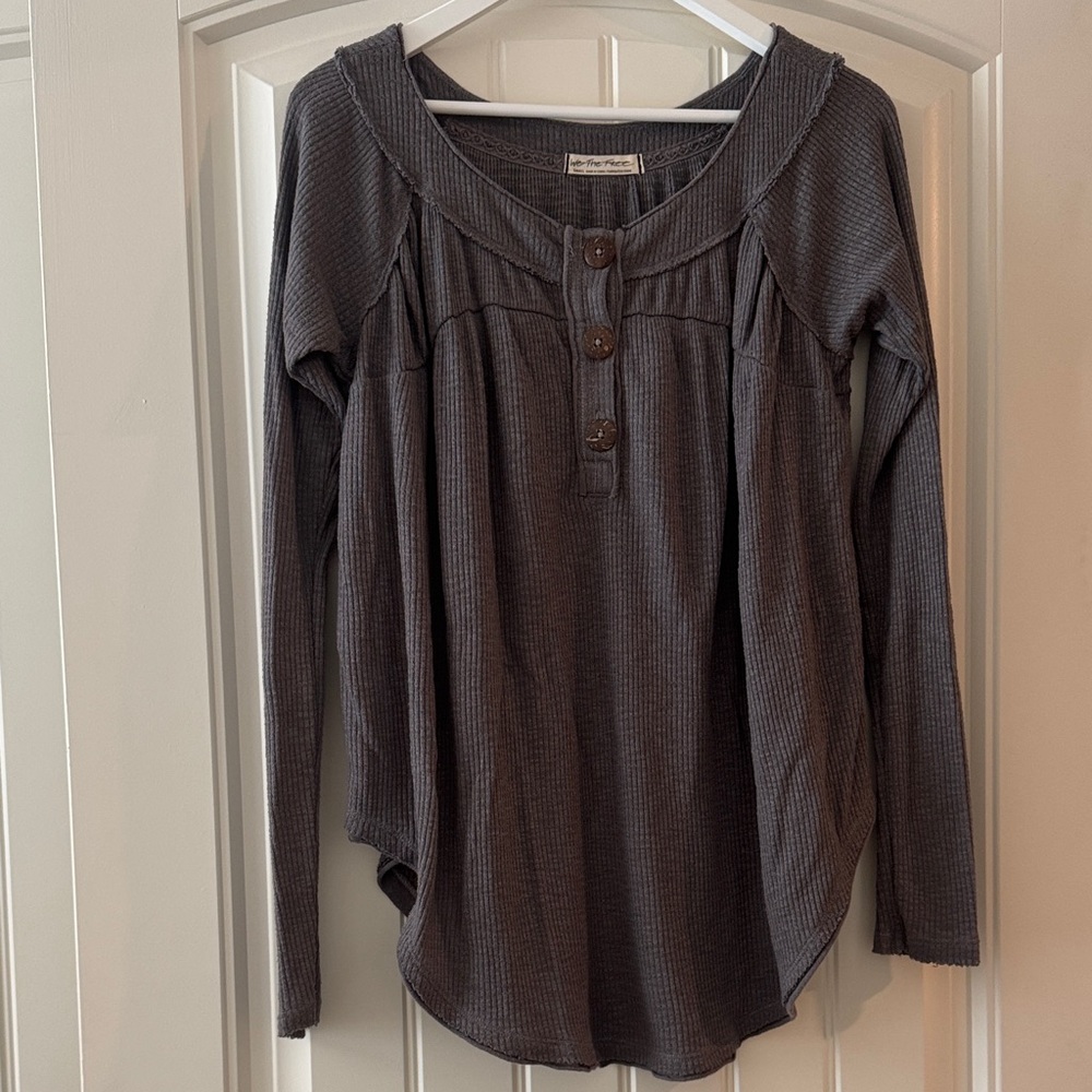 We The Free Waffle-Knit Henley Top - Charcoal